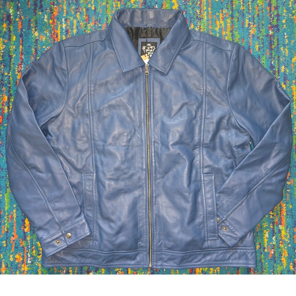 NWT Decrum Jose Leather Jacket Blue Full Zip Classic Point Collar Mens XL